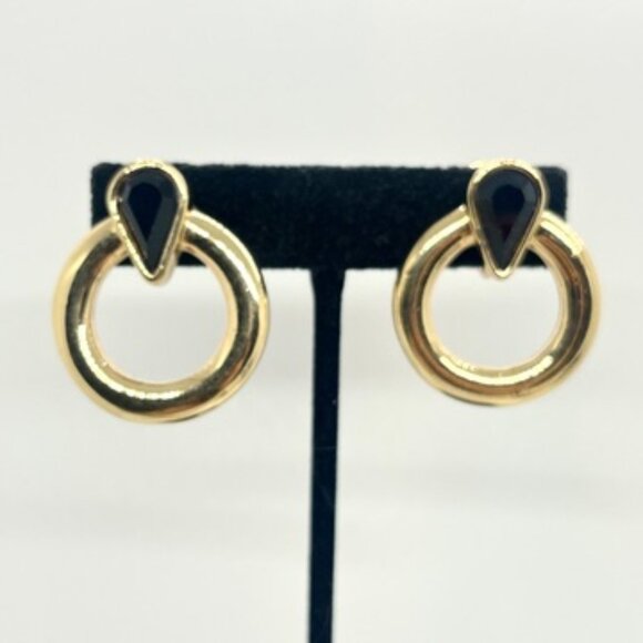 SAL VINTAGE SWAROVSKI GOLD TONE BLACK CRYSTAL EARRINGS MODERNIST CLIP ON CIRCLE - Picture 3 of 16